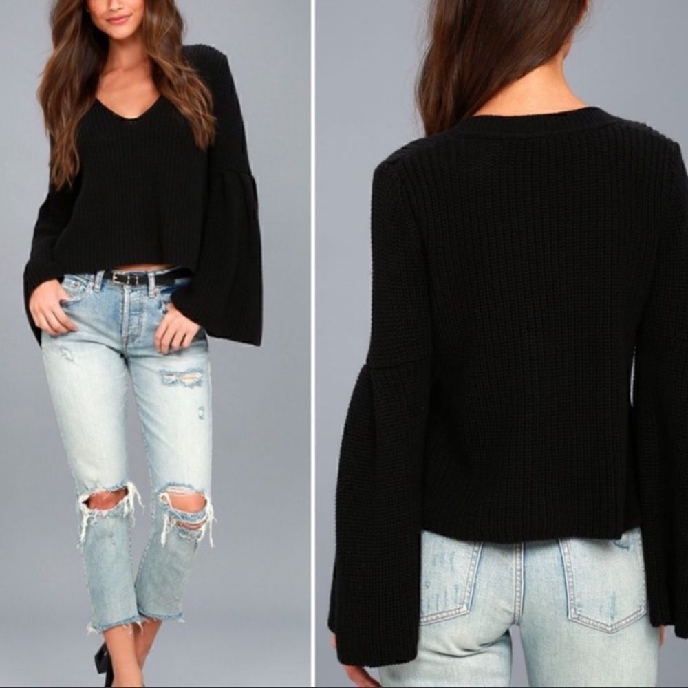 Free People Damsel Cable Knit Pullover Black Sweater Bell Sleeves Oversized XS